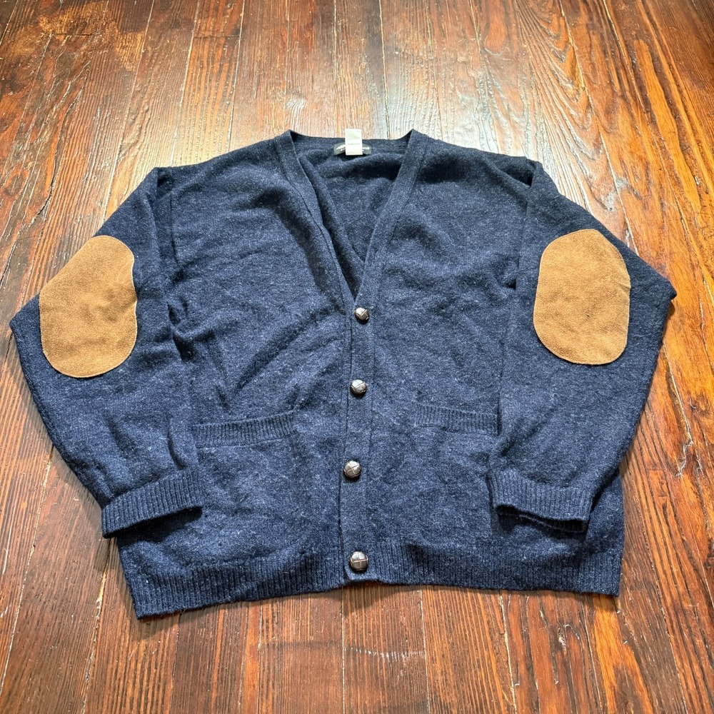 VTG Eddie Bauer Cardigan Mens M Blue Wool Sweater Elbow Patches Leather Buttons